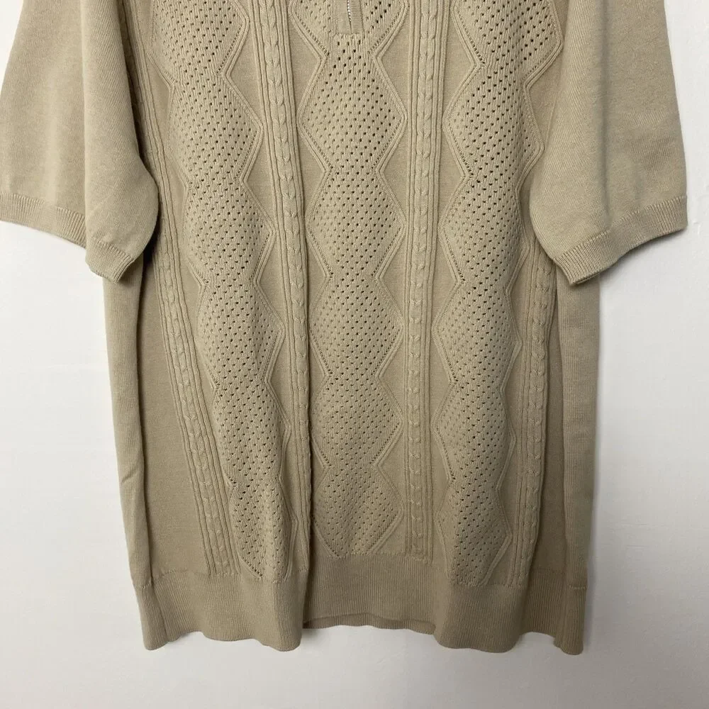 Elie Tahari Polo Shirt Sweater Mens XL Beige Tan Textured Knit Short Sleeve Zip